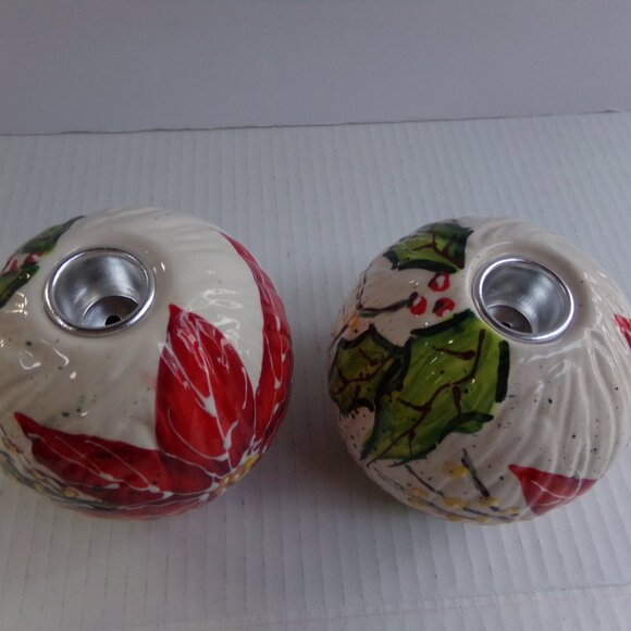 Vintage Christmas Bella Casa Ganz Ceramic Taper Candle Holders Poinsettia Shiny - Picture 11 of 15